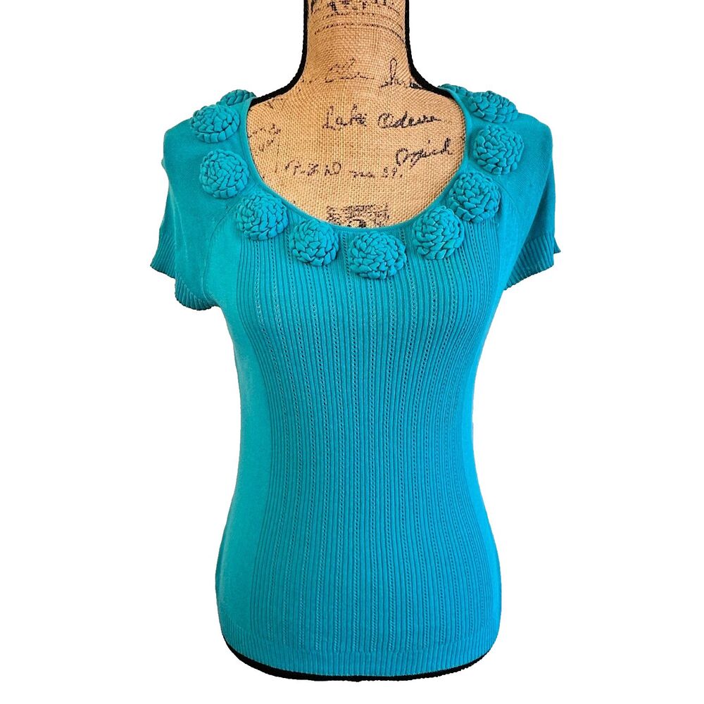 ETCETERA Women Turquoise Blue Knit Top 3D Floral Rosette Short Sleeve Sz S